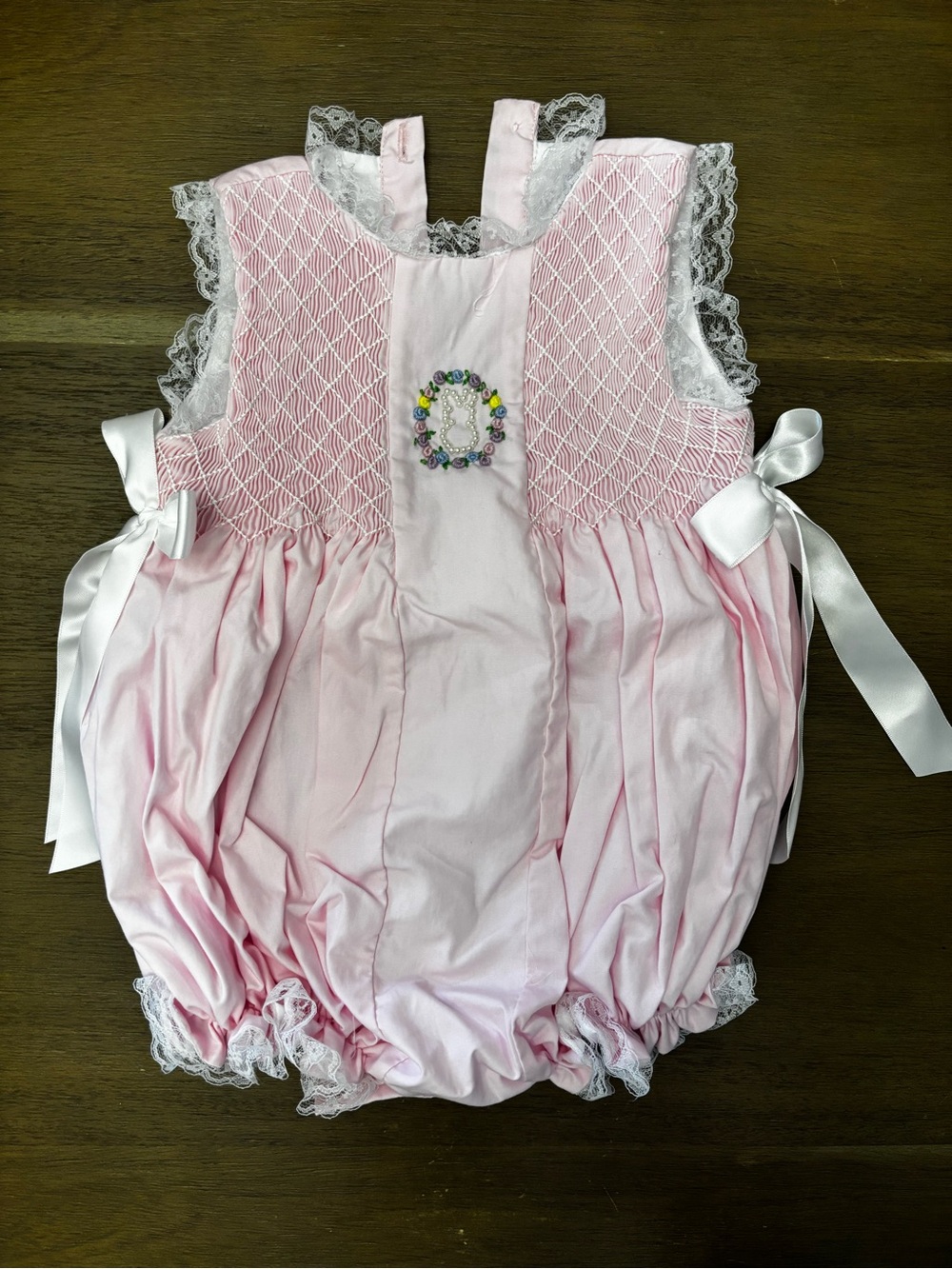 Light Pink Heirloom Lace Smocked Bubble with Ribbon Sides